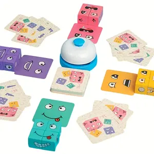 1 set of wooden expression changing building block stacking toys with bells and various card styles, multiplayer game toys, Christmas birthday gifts