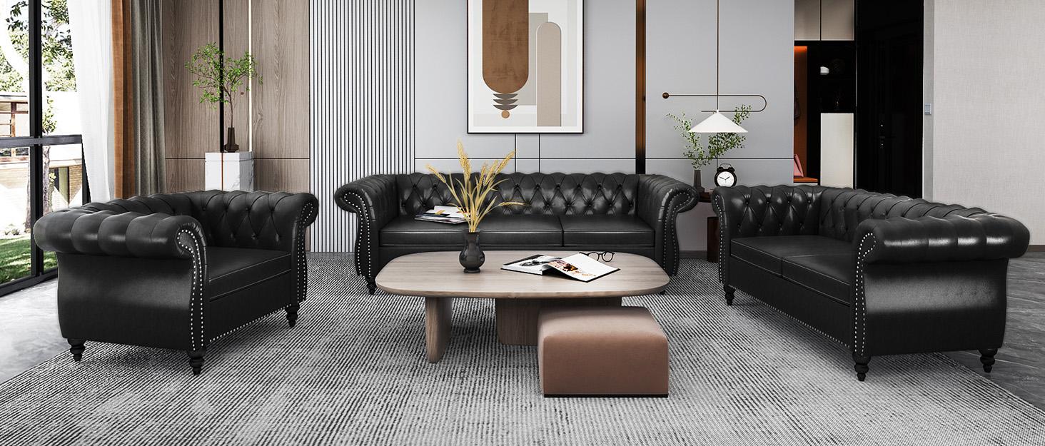 Giratree Chesterfield couple double sofa, two-seat sofa for living room with snap buttons, classic soft-covered sofa with snap buttons, modern mid-century style PU leather double sofa, couple sofa