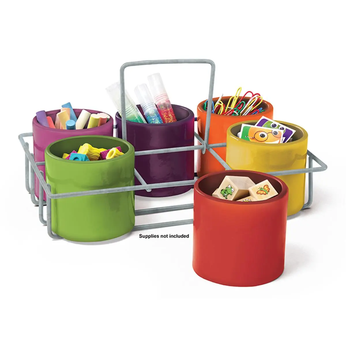 6-Piece Molded Plastic Desk Organizer Caddy with Retractable Handle, 10.5" x 7.5" Size, 3" Diameter Plastic Cups - Classroom Office Stationery Storage for Brushes (Computers & Office Equipment Accessory), Classroom Decor, Decoration, Stickers