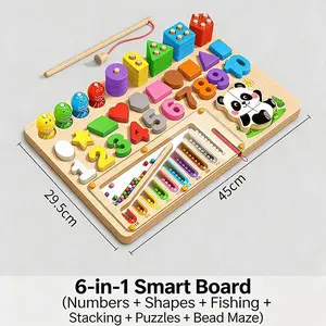 6-in-1 Wooden Montessori Smart Board | Numbers Shapes Fishing Puzzle Toy | Educational Learning Activity Board for Toddlers 3+
