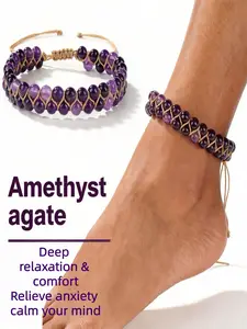 Natural Amethyst Agate Anxiety Relief Anklet & Bracelet, Hand-Woven Adjustable Crystal Jewelry, Calming Mind Gift for Women, Pretty Bracelet