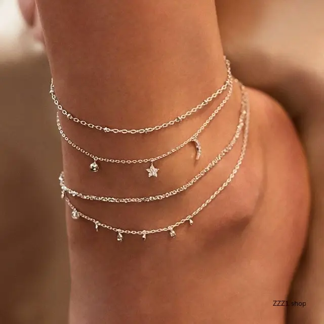 Silver Anklets for Women Trendy Crystal Star Moon Pendant Anklet Set Layered Adjustable Foot Chain Jewelry Girls Boho Summer Beach Vacation Gift