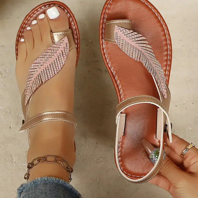 rhinestone leaf element flat toe design buckle design ladies sandals, Dressy flat sandals, champagne gold, comfortable and stable, suitable for holiday dating parties