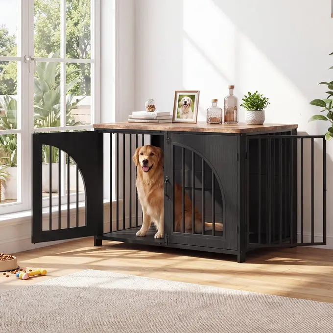 [FLASH SALE] Garvee Dog Crate Furniture, 31.5" Indoor Dog Kennel with Lock & Arched Door, Reinforced Metal Frame as End Table for Small Dogs, Black + Walnut