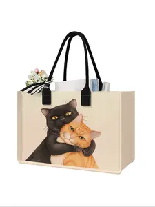 Large Capacity Cat Pattern Storage Bag, Durable Handle, Space Saving Multi-Purpose, Ideal for School, Travel, Shopping, Reusable Shopping Bags, Reusable Grocery Bags, Durable Shopping Totes, Shopping Bags For Groceries