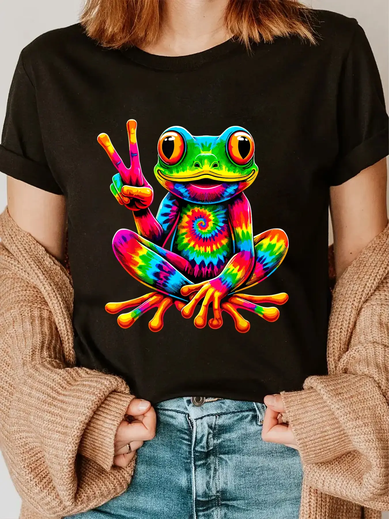100% cotton Tie-Dye Frog Peace Sign Hippie T-Shirt casual Fashion graphic tees for women women graphic shirts