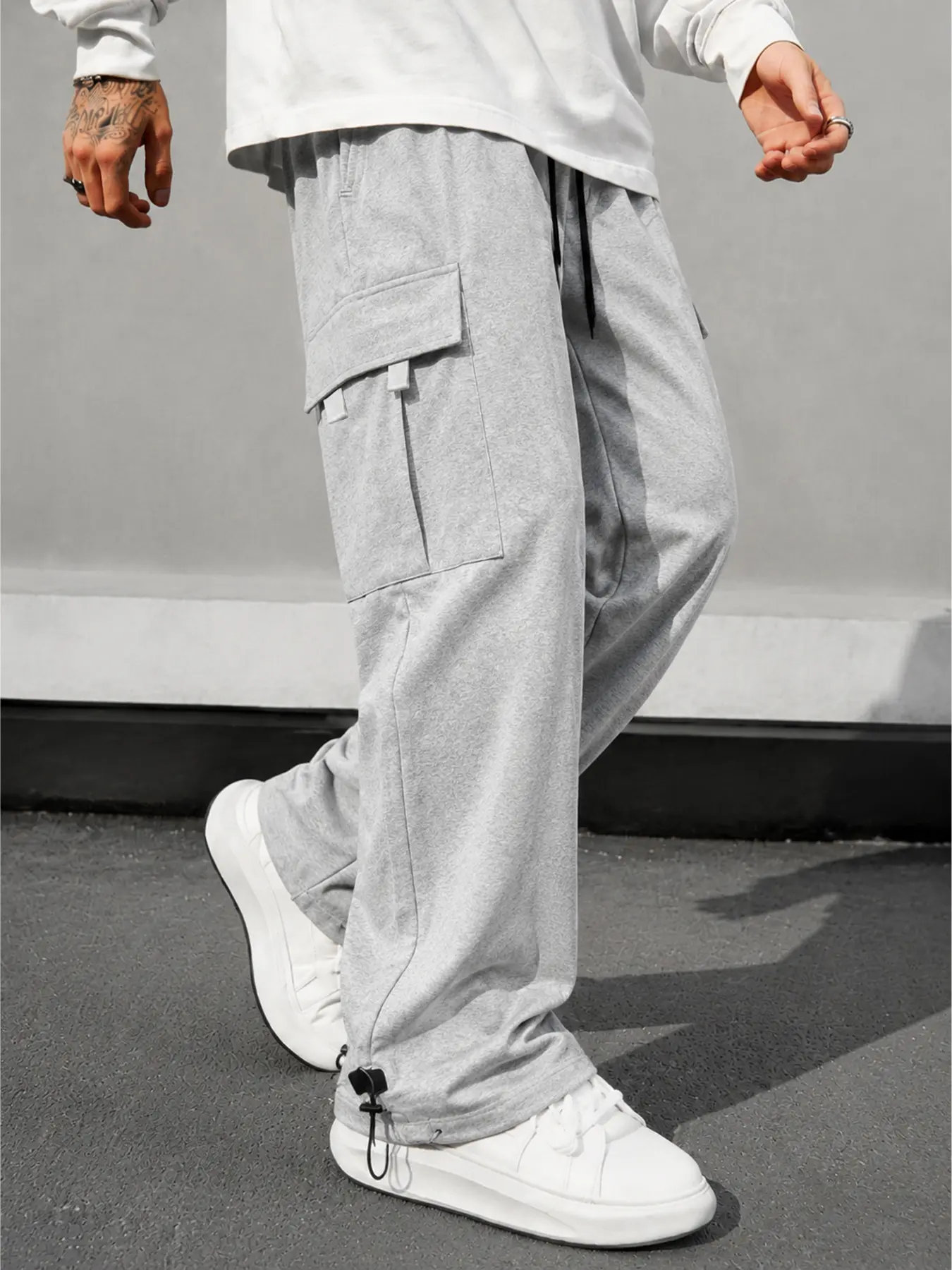 Men's Cargo Sweatpants for Back-to-School Streetwear - Wear Them Wide or Cinched with Flap Utility Pockets and Adjustable Drawcord Hems