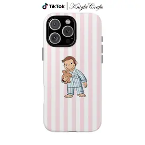 KSweet dreams in style  Cute Curious George pink striped phone case – trendy, durable & gift-worthy! - 17 Series