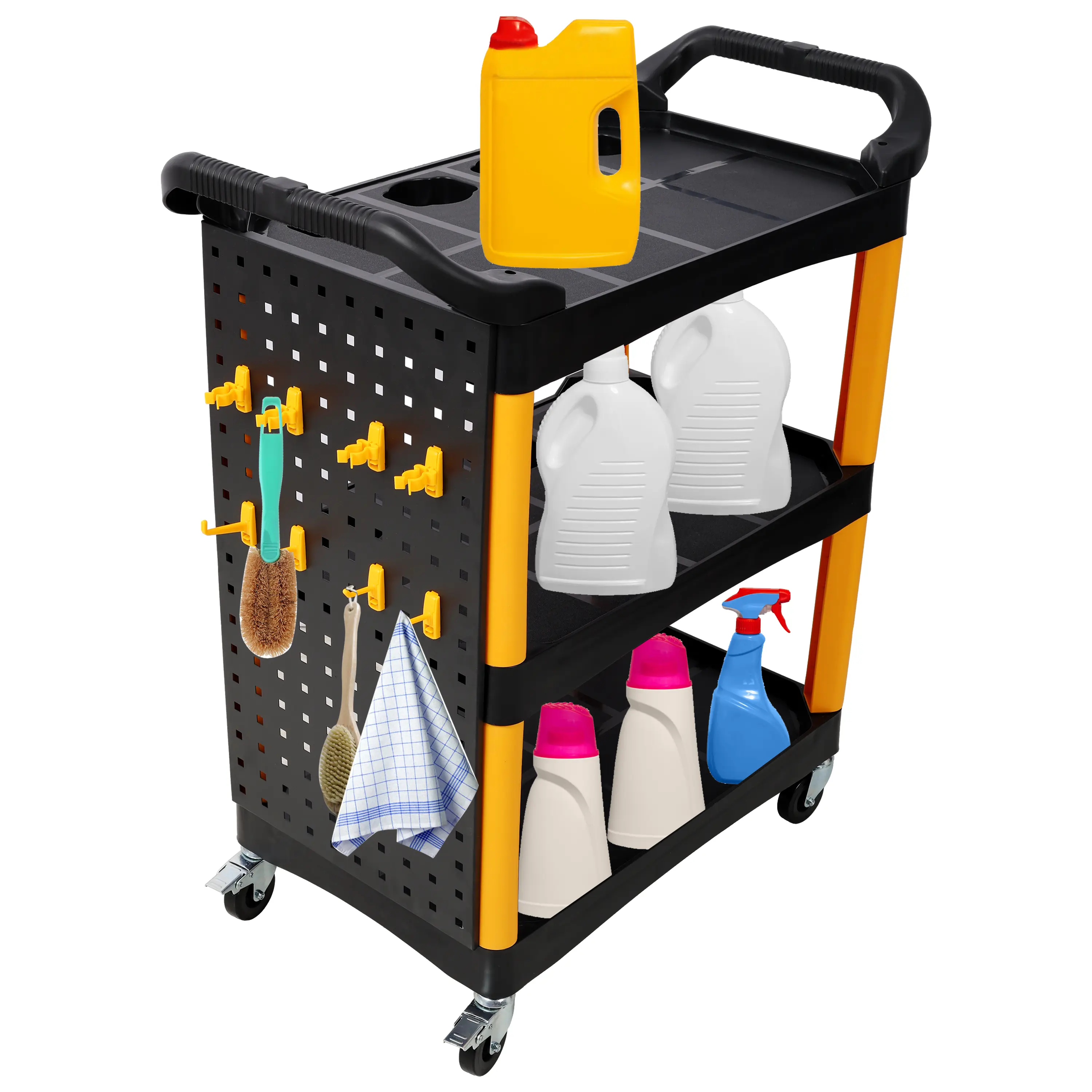 Rectangle 3-Tiered Rolling Auto Detail Tool Organizer Cart - 3-Layer Plastic Storage Rack with Locking Wheels, Panel, Hooks, Stable, Durable for Detailers' Garage, Workshop