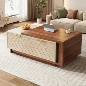 Extendable Coffee Table With 2 Storage Drawers, Dual-Tone Center Table With Sliding Tabletop, Multi-Functional Hidden Storage Wooden Rectangle Cocktail Table For Living Room