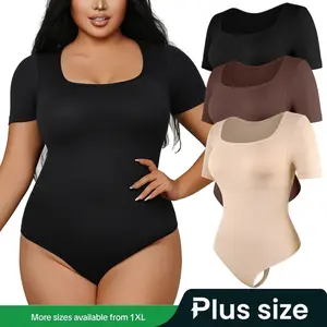 【Plus Size】Women's Shapewear Bodysuits Tummy Control Short Sleeve Square Neck Jumpsuit Tank Top Shirt for Women Compression Thong Bodysuit Butt lifting Body Shaper, Basic Minimalist Lady Underwear Womenswear, Plus Size Clothing Soft Casual Black