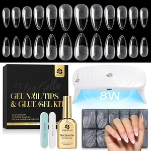 UNA GELLA Medium Almond Gel Tips Nail Kit, 12 Sizes Pre-Etched Full Nail Tips, 6-in-1 Gel Glue With Mini U V LED Lamp, Soft Acrylic Press-On Nails, 120Pcs Easy DIY Extension Set For Home Salon Gift