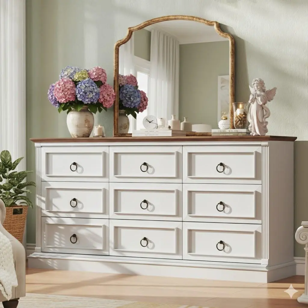 60" Wide Farmhouse 9-Drawer Dresser - Sturdy MDF Construction, Antique Bronze Circular Metal Handles, Roman Columns, Elegant Embossed Texture, Rustic Farmhouse Charm, White Furniture for Bedroom & Living Room Storage Organizer