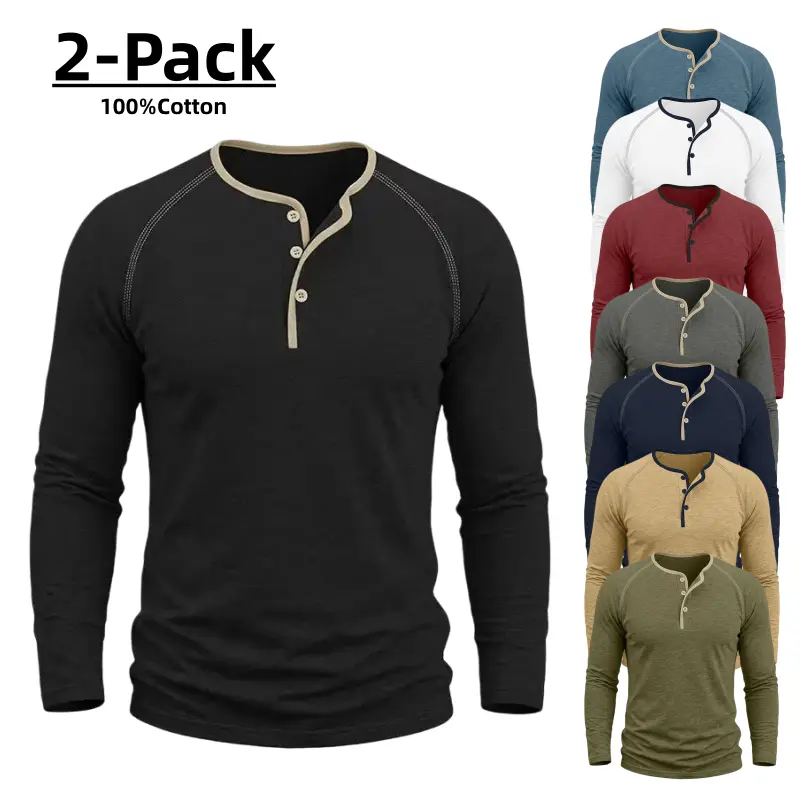 1/2-Pack 3 Button Henley Shirt Men, 100% Cotton Contrast Trim Long Sleeve, 3-Button Placket Raglan Sleeve Casual Everyday Top for Work and Weekend