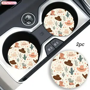2pcs Western Cowboy Cup Holders with Cactus and Cowboy Hat Design - Non-Slip Durable Car Coasters, All-Season Brown/Beige/Black Patterns, Compatible with All Vehicles, Easy to Clean, Car Interior Accessory, Western Theme Car Accessories