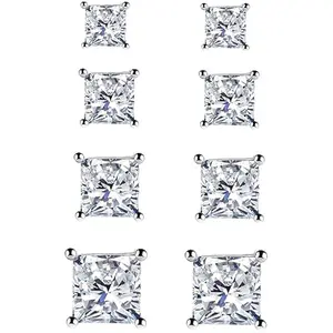 925 Sterling Silver Stud Earrings, 4 Pairs Square Cubic Zirconia Stud Earrings Set for Women Men 3 4 5 6mm