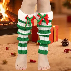 ChromaChic LEE Christmas Leg Warmers 1 Pair Womens Red White Striped with Green Bow Plush Winter Socks Machine Washable Holiday Gift for Her Festive Design