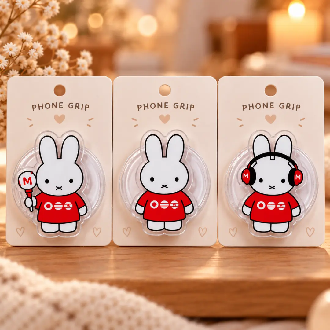 Cute White Bunny Acrylic Phone Holder Collapsible Expanding Finger Stand Red Shirt Headphones Rabbit Kpop Fan Concert Accessories Gift for Women