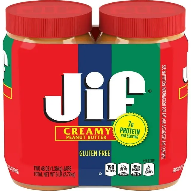 Jif Creamy Peanut Butter, 48 oz. Jars (2 Pack) – Smooth & Creamy Peanut Butter Spread, Family Size Bulk Pack