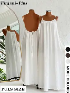 Plus Size Womenswear Summer Cotton Linen Breathable Sleeveless Backless Strap Dress, Loose Vacation Long Dress, Beachwear Sundress, Casual Boho Bohemian Style