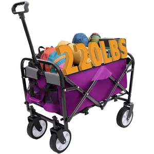 Wagons Carts Foldable with Wheels Purple Collapsible Beach Wagon Cart Folding Utility Grocery Garden Cart 220 lbs Capacity with Big Wheels for Sand,Beach,Garden,Shopping Sport Outdoor Camping