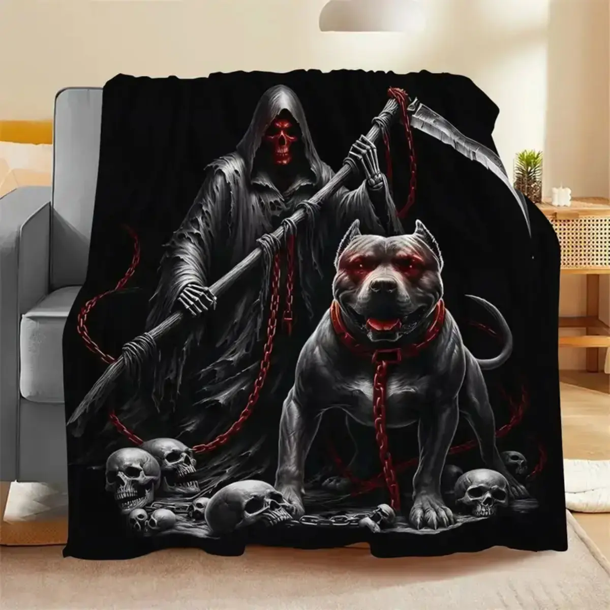 Grim Reaper & Bulldog Flannel Fleece Blanket - Black Gothic Print Throw with Skulls, Chains, Red Eyes, Super Soft Cozy Premium Material, Machine Washable Bedding Throw, Flannel Fleece Blankets, Fleece Cozy Blanket