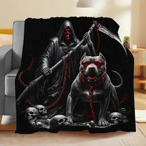 Grim Reaper & Bulldog Fleece Blanket – Black Gothic Print Throw with Skulls, Chains, and Red Eyes Premium Material Machine Washable blankets