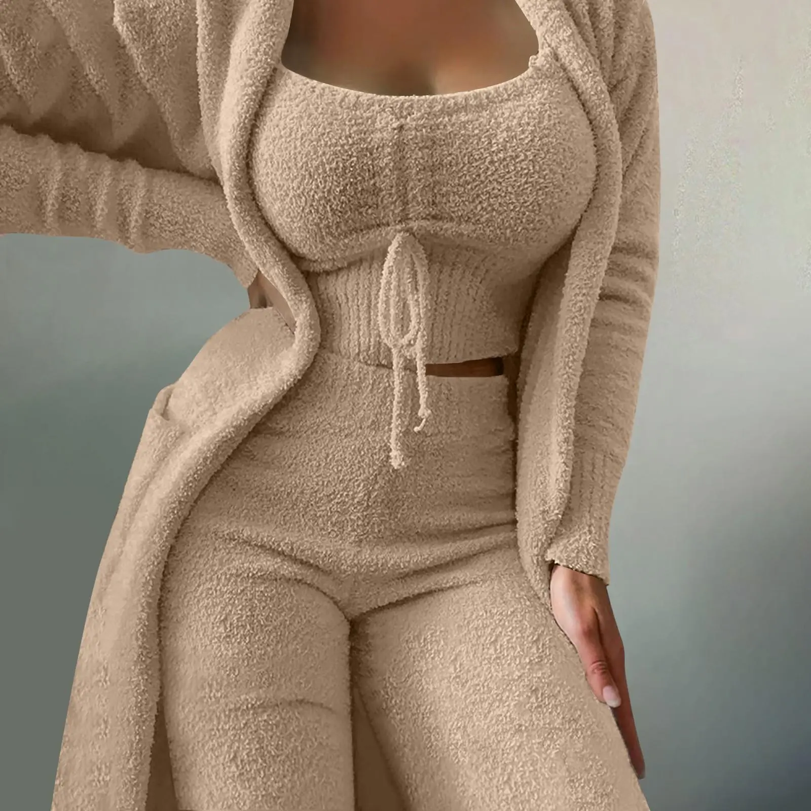 Women's Fleece 3 Pc Teddy Loungewear Spaghetti Strap Crop Tank Wide Long Pants Fuzzy Kimono Cozy Sweatsuit Set Ladies Pants Suit