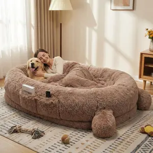 Brown Human Sized Dog Bed, 71" x 45" x 12" Large Dog Bed with 2 Storage Pockets, Fluffy Faux Fur Orthopedic Pet Bean Bed for Adults & Giant Pets