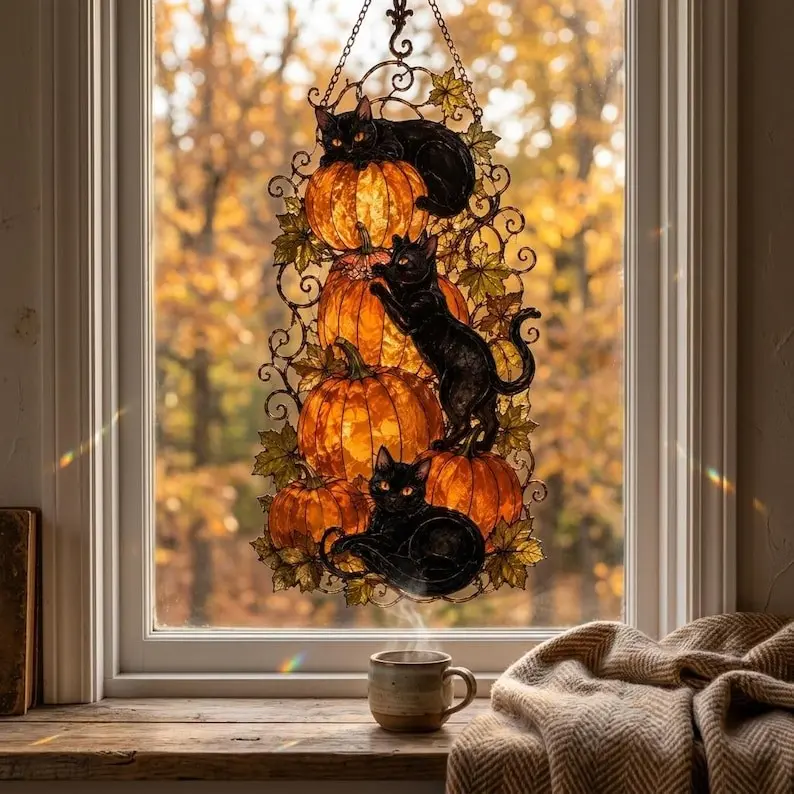 Black Cat Pumpkin Stained Glass Suncatcher Window Decor, Vibrant Acrylic Autumn Halloween Wall Art Ornament, Perfect Gift for Cat Lovers, Cozy Fall Home Aesthetic Sun-Catching Hanging Art