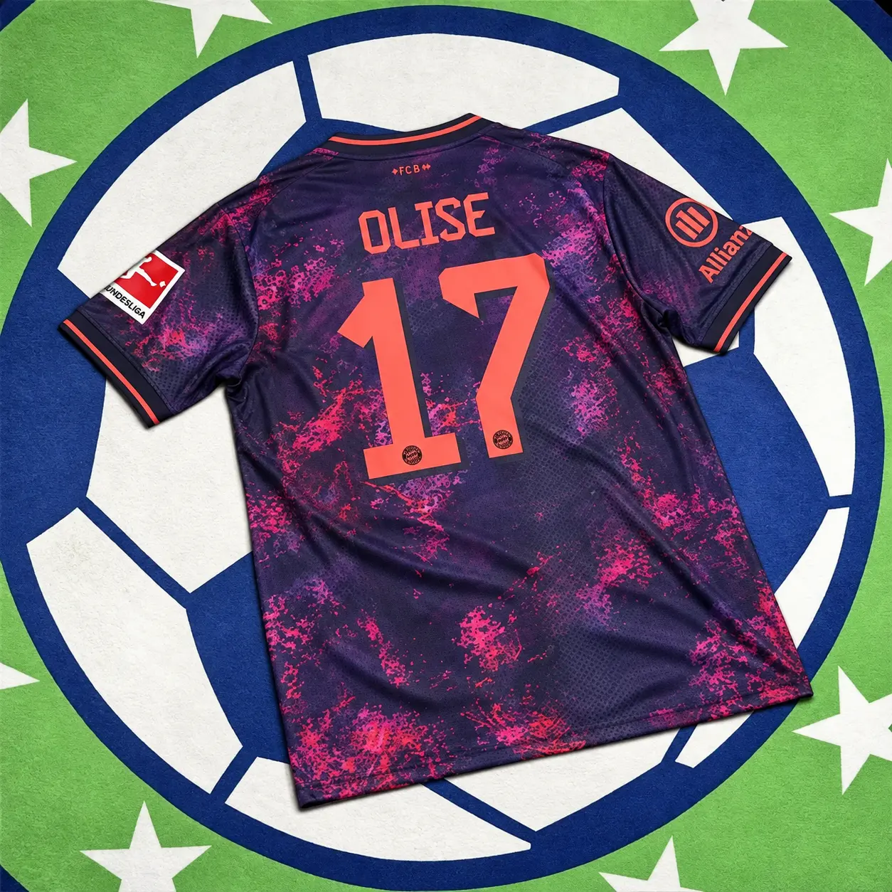Olise Soccer Jersey – Dark Purple with Pink Abstract Print and Coral Lettering, Short Sleeve Soccer Fan Shirt for Game Day and Casual Wear