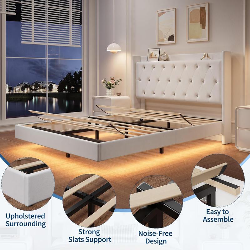 Upholstered Bed Frame with LED Lights & Storage Headboard, Floating Look, No Box Spring Needed