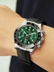 Three eye six needle Daytona series premium gift men's quartz watch! Green dial, comfortable silicone strap, multifunctional display, waterproof watch, elegant design, perfect for birthdays, anniversaries, and Father's Day, high-quality men's watches