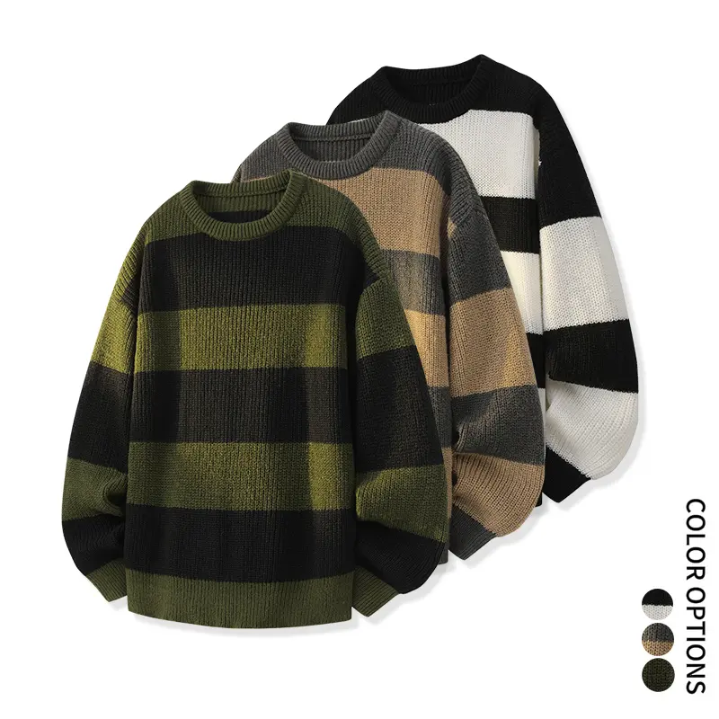 Retro color-block striped men's knit sweater with dropped shoulders, loose fit, chunky knit—ideal for everyday wear, commuting, and casual layering or wearing on its own. Striped Sweater men's pullover,polo