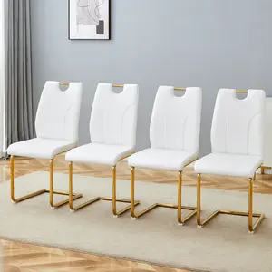 White Modern Dining Chairs Set of 4 - PU Leather Upholstered Side Chairs with Gold Metal Legs, Comfortable Kitchen & Office Chairs, Easy Assembly & Floor Protection (White/Gold)