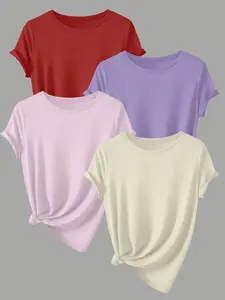 Women's Round Neck Short Sleeve Casual Fitted Basic Top Set, 4 Piece Pack, Minimalist Style, Comfortable Everyday Wear