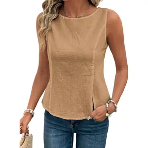 Mina Self 2025 Womens Linen Tank Tops Summer Irregular Hem Sleeveless Comfy Casual Vacation Shirt Blouse Vest