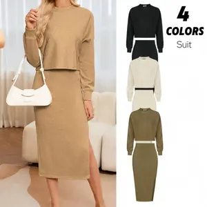【Lightweight fabric】Grace Karin Women's Knitted Dress Pullover Two-Piece Long Sleeve Pullover Top Skirt Midi Skirt Bodycon 2-Piece Set Midi Dress Turtleneck Jumper Dress