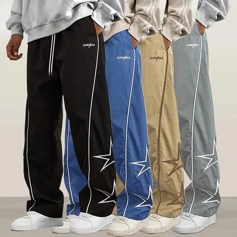 Men's Stylish Striped Graphic Regular-Leg Menswear Pants - All Seasons, Adjustable Strap Drawstring Waistband, Loose Cargo-Inspired Straight Leg Activewear Sweatpants, Machine Washable Casual Bottoms, Star Pattern Side Stripes