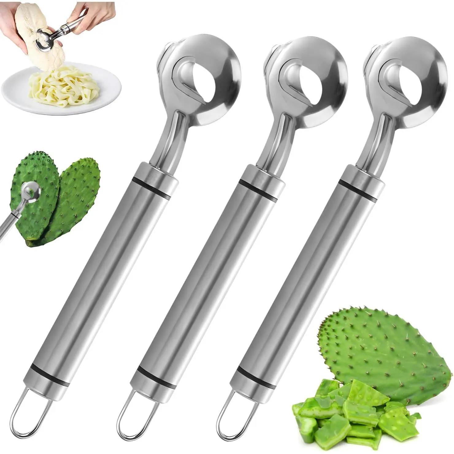 3 Pack Cactus Peeler Spoon, Stainless Steel Cuchara Pelador de Nopales,Multi-Function Cactus Peeling Knife Tool,Sliced Chinese Noodle Cutter for Cooking Kitchen Gadgets