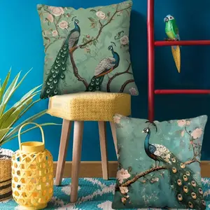 1pc, Retro Illustration Style, Blue PeaRooster Perched On A Flower Branch, Garden, Peonies Pattern Single-sided Digital Printed Square Pillowcase, 17.7*17.7 Inch, Suitable for Sofa Living Room Bedroom Decoration, No Pillow Core Included