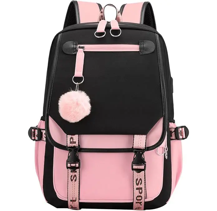 Teenage Girls' Backpack Middle School Students Bookbag Outdoor Daypack with USB Charge Port (21 Liters, Black Pink)