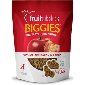 Fruitables Biggies Dog Biscuits \u2013 Crunchy Dog Biscuits Made with Pumpkin \u2013 Healthy Dog Treats Packed with Real Fruit Flavor \u2013 Free of Wheat, Corn and Soy \u2013 Crispy Bacon & Apple \u2013 16 oz