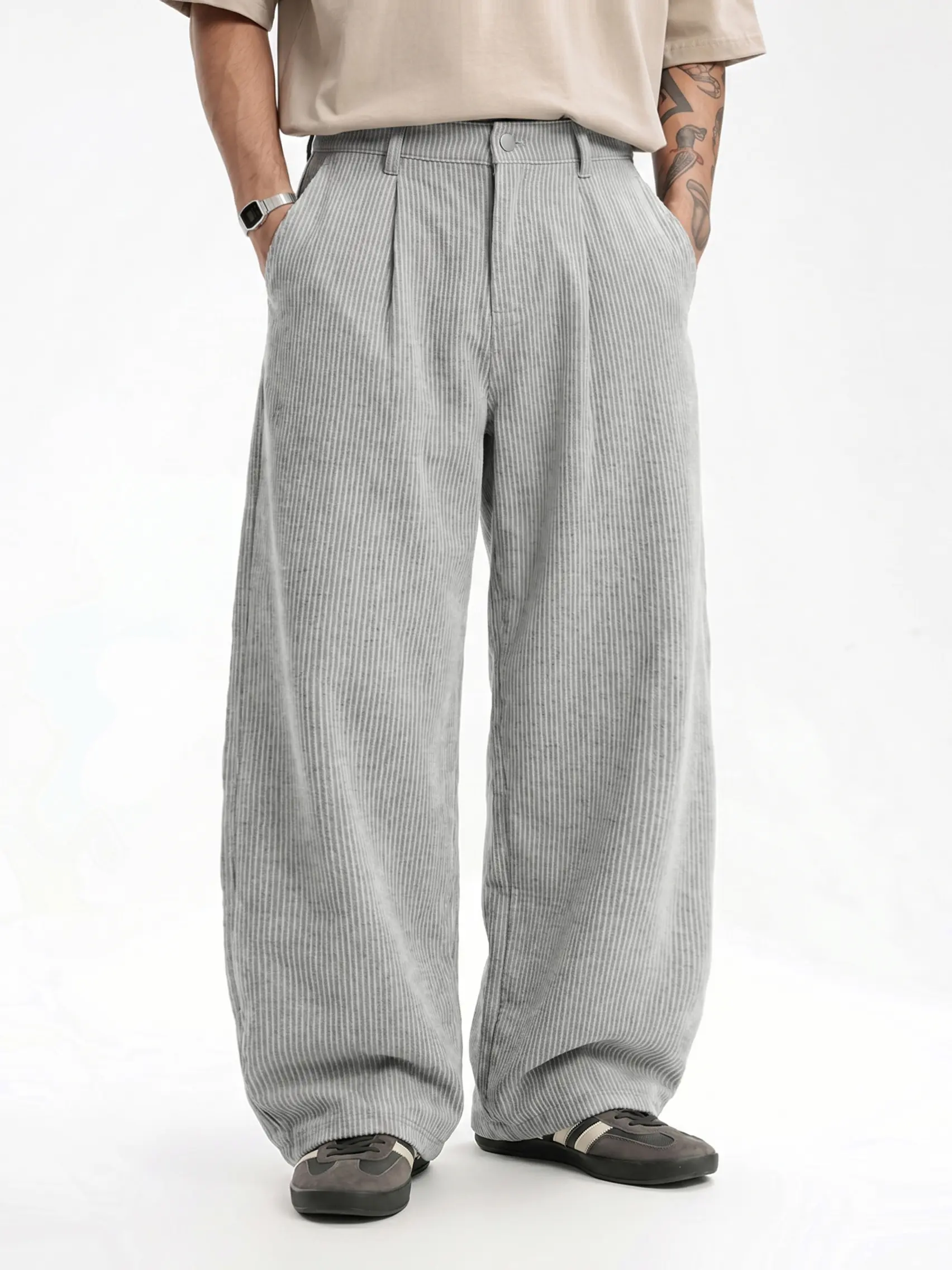 Men's Gray Corduroy Wide Leg Pants with Pockets and Belt Loops for Casual Wear Classic Hoodie