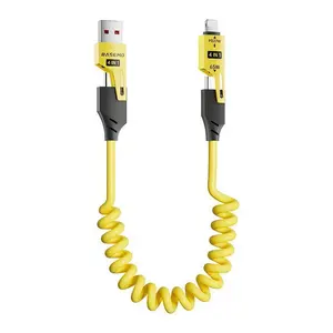 Portable Car Charging Cable Dual Port Four in One for iPhone C-Type Extendable Coiled Design USB Fast Charger Cellphone