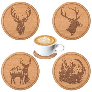 Set of 4 Deer Engraved Wooden Coasters,Heat-Resistant Table Protector , Stylish Office Desk Drink Mats,Rustic Housewarming Gift for Coffee Lovers, Home Bar Decor,