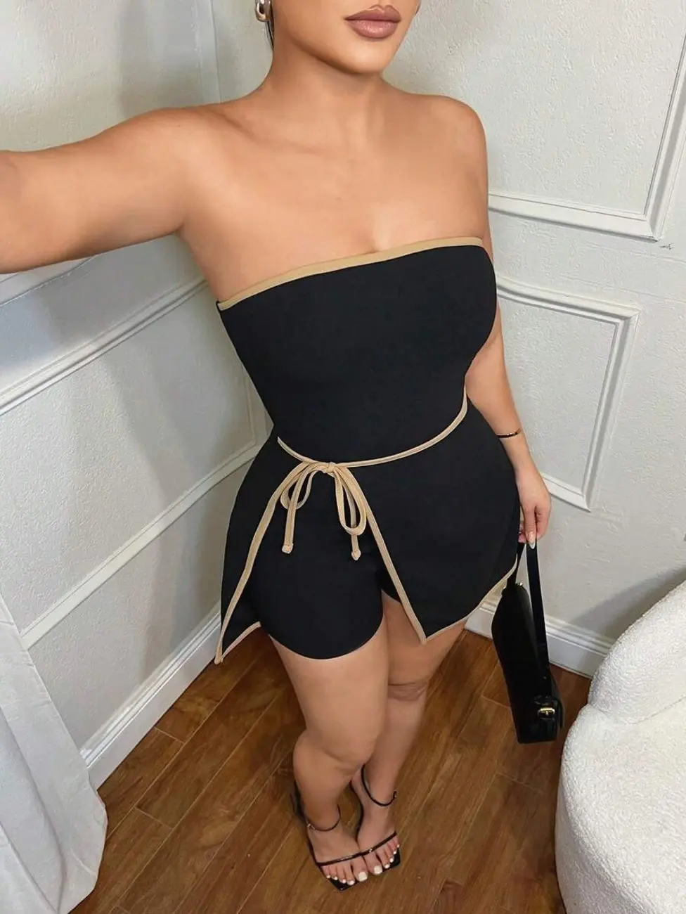Strapless Short Jumpsuit, Contrast Binding Knitted Romper for Summer Casual Wear