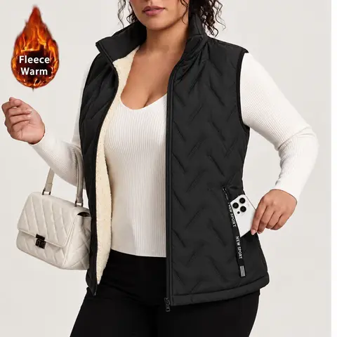 Women’s autumn/winter loose plus-size warm vest with fleece lining, regular fit, polyester zipper design, easy-care casual style, medium-thickness solid cardigan, crewneck zip jacket, women’s top