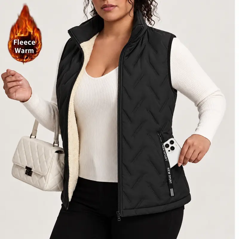 Women’s autumn/winter loose plus-size warm vest with fleece lining, regular fit, polyester zipper design, easy-care casual style, medium-thickness solid cardigan, crewneck zip jacket, women’s top