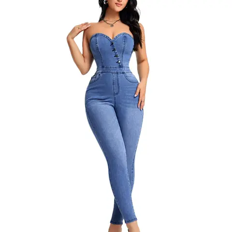 Women's Denim Jumpsuit, Casual Fashion Skinny Slim Strapless Sleeveless Denim Jumpsuit for Daily Wear, Ladies Clothes for All Seasons, Casual Basic Jumpsuit, Chic Casual Jumpsuit, Jean Jumpsuit